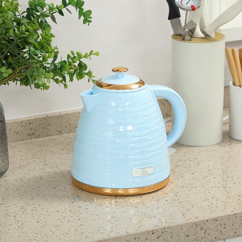 Homcom 3kw rapid boil honeycomb kettle in light blue with gold accents features boil-dry protection and compact kettle dimension