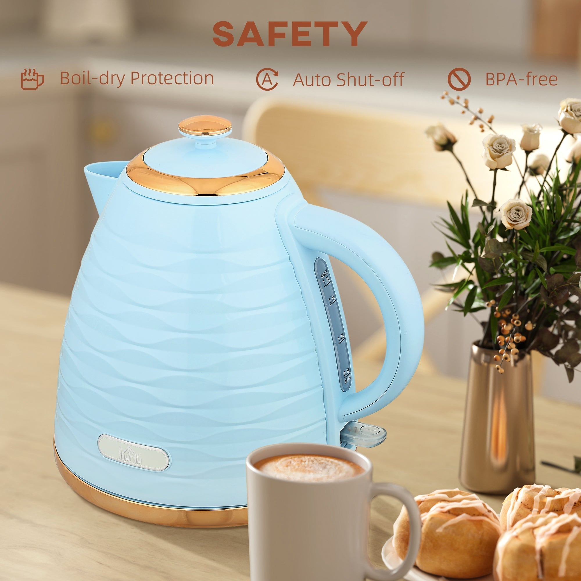 Light blue homcom 3kw rapid boil honeycomb kettle with gold accents and boil-dry protection for safe use