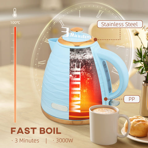 Light blue HOMCOM 3kW rapid boil honeycomb kettle with stainless steel lid base transparent pp plastic body and boil-dry protection