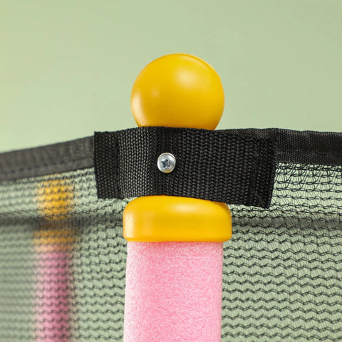Yellow plastic ball on pink foam pole with black strap on homcom kids trampoline for indoor outdoor use ages 3 to 10