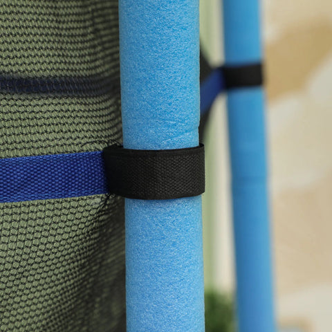 Blue foam pool noodle with black velcro strap on homcom kids trampoline for ages 3-10 outdoor indoor use