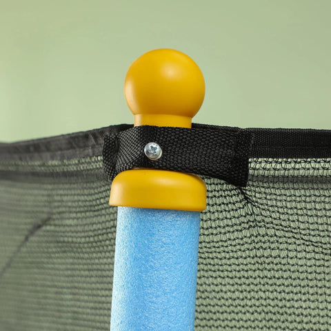 Yellow plastic corner post with blue foam core and black safety net strap on homcom kids trampoline for indoor outdoor use