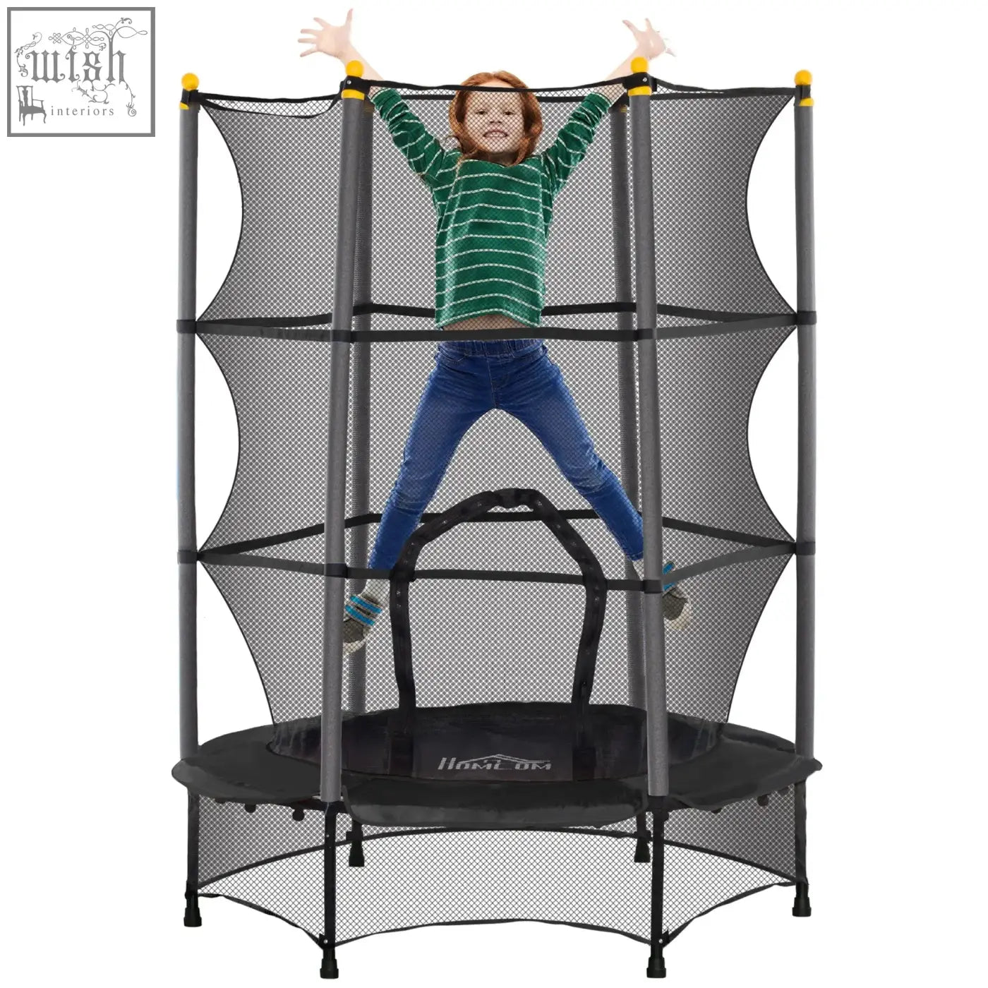 Black and gray inflatable kids trampoline with safety net enclosure for outdoor and indoor use by HOMCOM