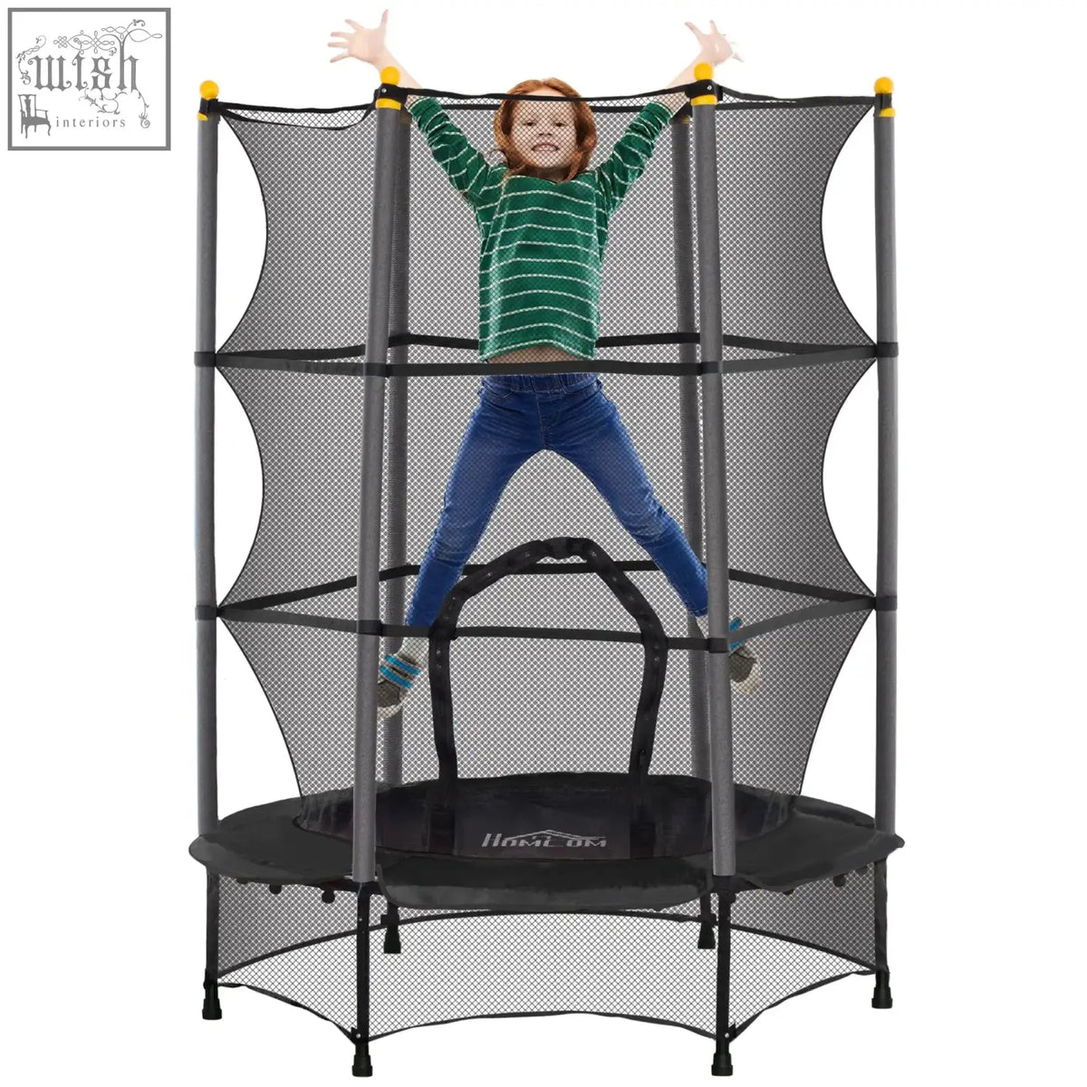 Black and gray inflatable kids trampoline with safety net enclosure for outdoor and indoor use by HOMCOM