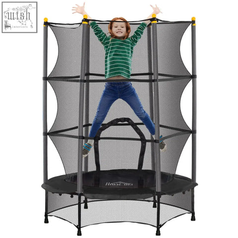 Black and gray inflatable kids trampoline with safety net enclosure for outdoor and indoor use by HOMCOM
