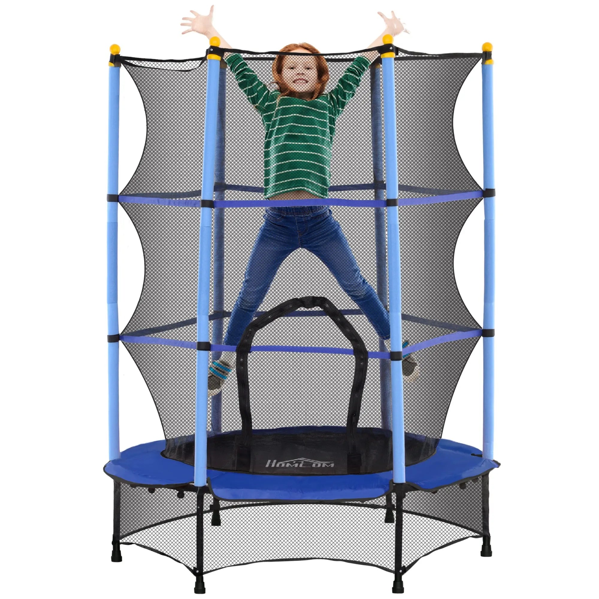 Blue and black homcom kids trampoline with safety net enclosure for indoor and outdoor use ages 3 to 10 years