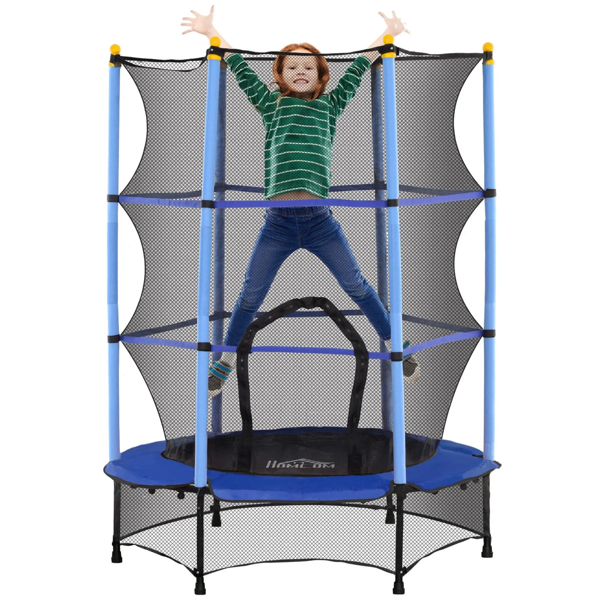 Blue and black homcom kids trampoline with safety net enclosure for indoor and outdoor use ages 3 to 10 years
