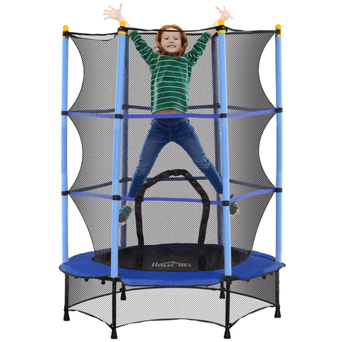 Blue and black homcom kids trampoline with safety net enclosure for indoor and outdoor use ages 3 to 10 years