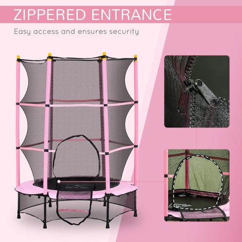 Pink and black homcom kids trampoline with zippered entrance safety net for indoor and outdoor use ages 3 to 10 years