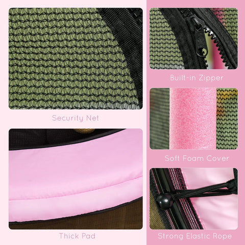 Pink foam-covered pet carrier with security net built-in zipper and elastic rope for homcom kids trampoline use