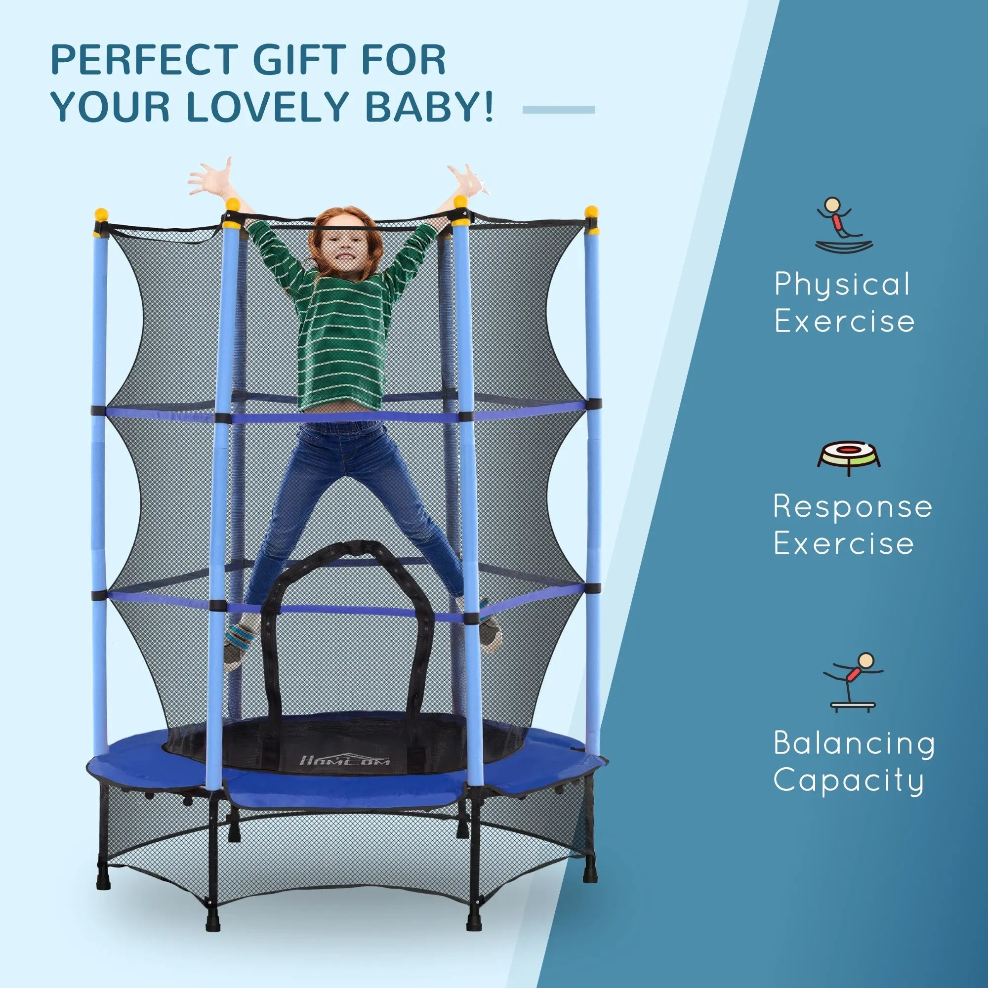 Blue and black homcom kids trampoline with safety netting for indoor and outdoor use ages 3 to 10 years