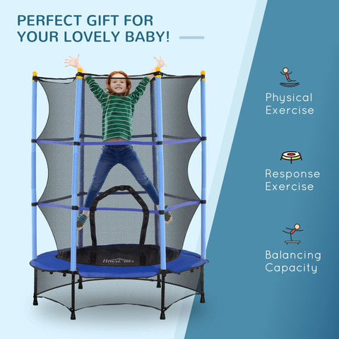 Blue and black homcom kids trampoline with safety netting for indoor and outdoor use ages 3 to 10 years