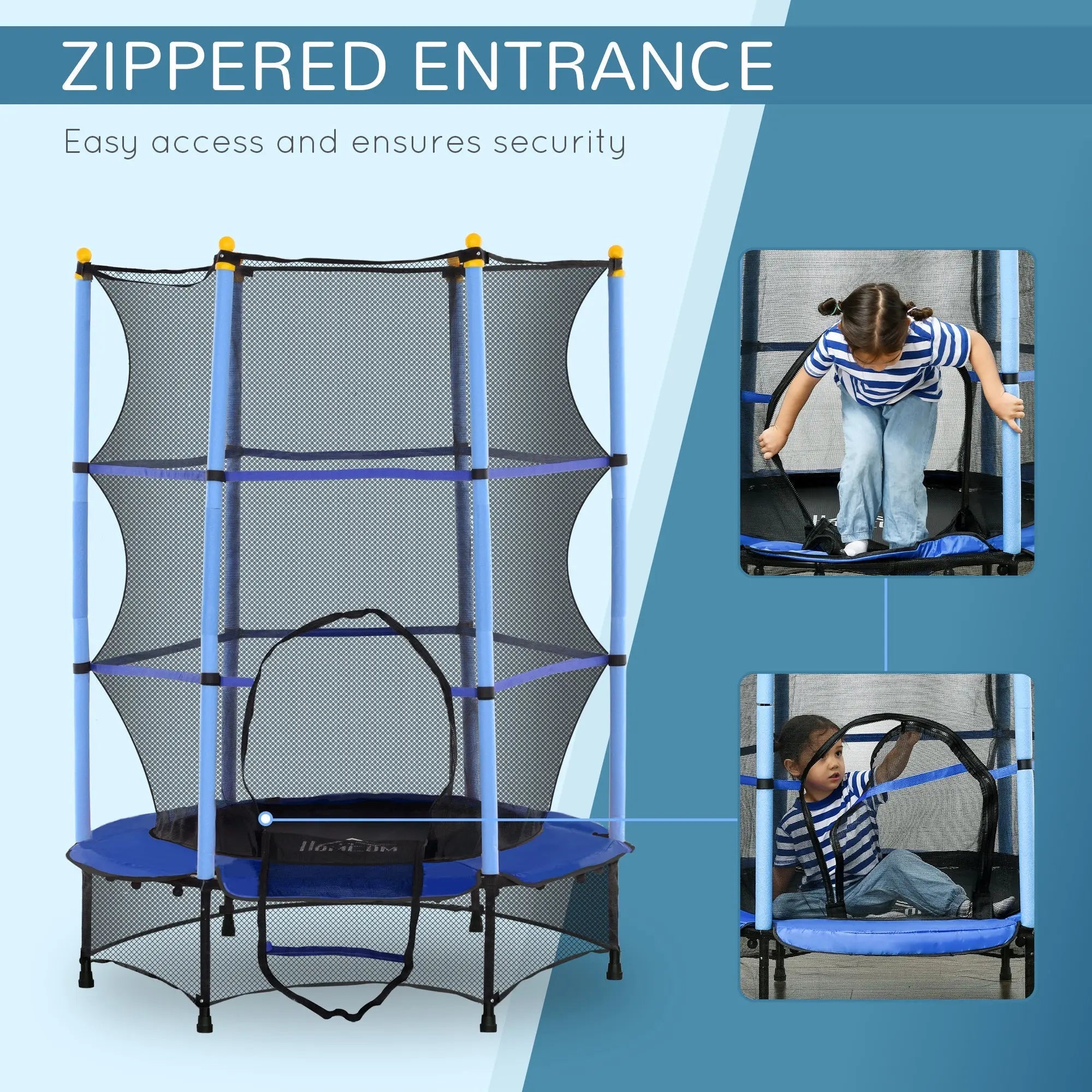 Blue and black zippered entrance kids trampoline with safety netting by HOMCOM for indoor outdoor use