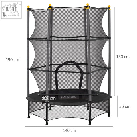 Black hexagonal homcom kids trampoline with safety net and yellow-tipped poles for indoor and outdoor use