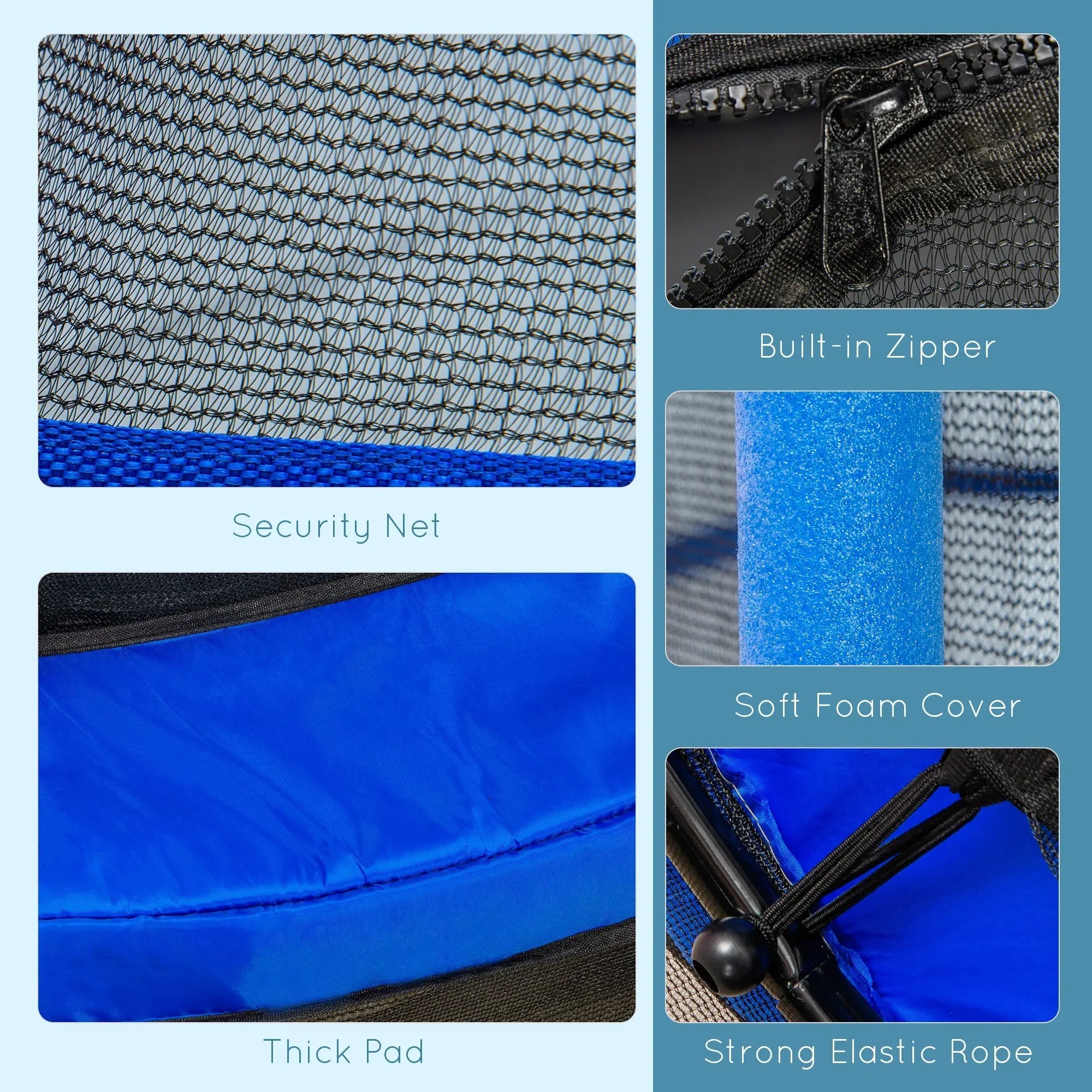 Blue homcom kids trampoline with black safety net soft foam cover and thick padded surface for indoor outdoor use