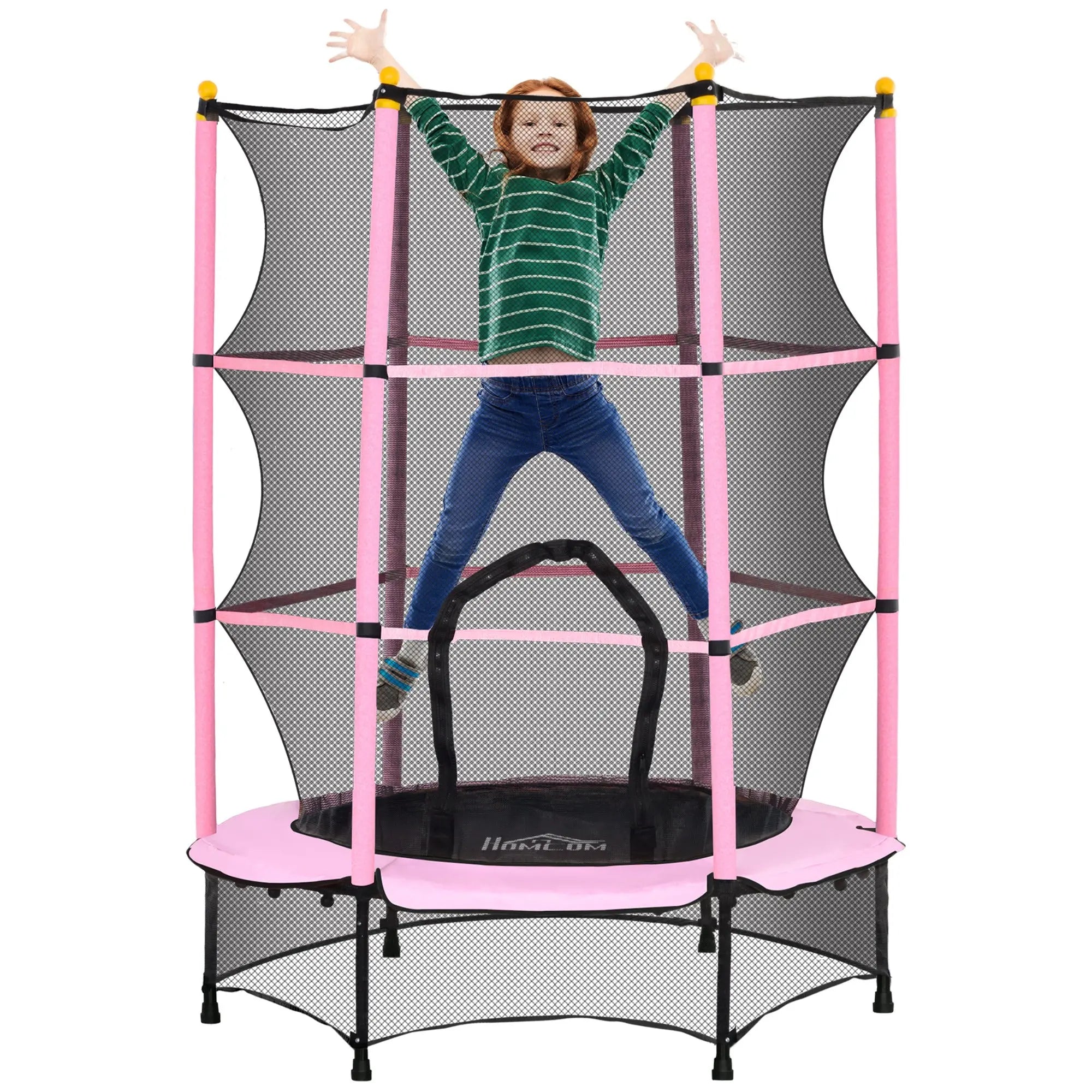 Pink and black homcom kids trampoline with safety enclosure netting for indoor outdoor use ages 3 to 10 years