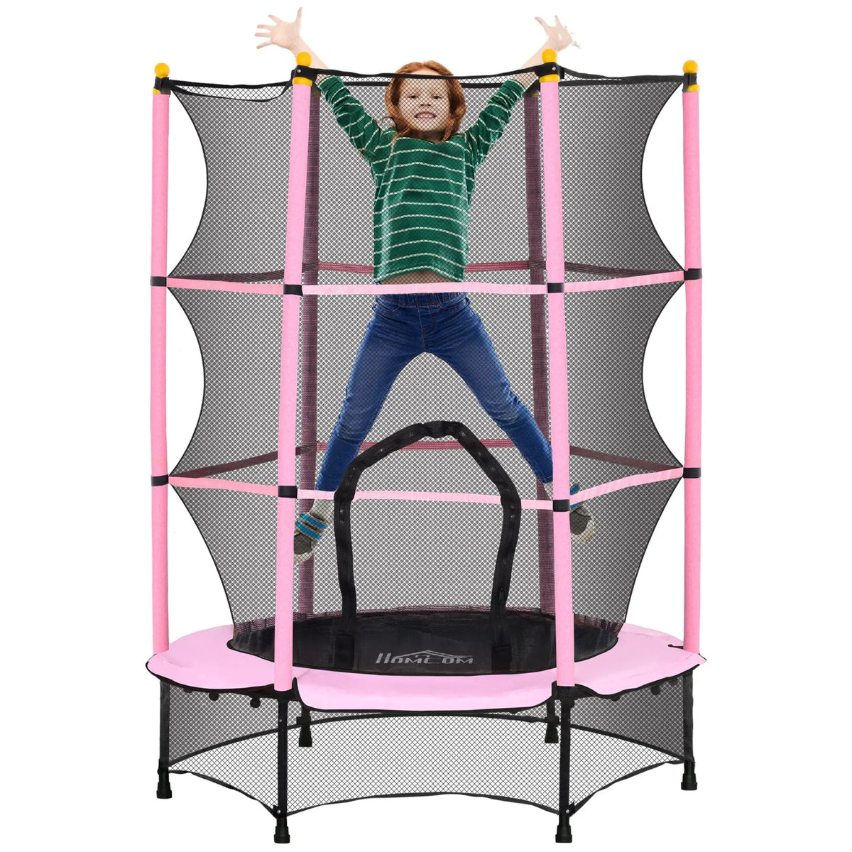Pink and black homcom kids trampoline with safety enclosure netting for indoor outdoor use ages 3 to 10 years