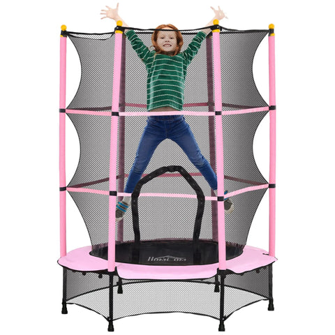 Pink and black homcom kids trampoline with safety enclosure netting for indoor outdoor use ages 3 to 10 years