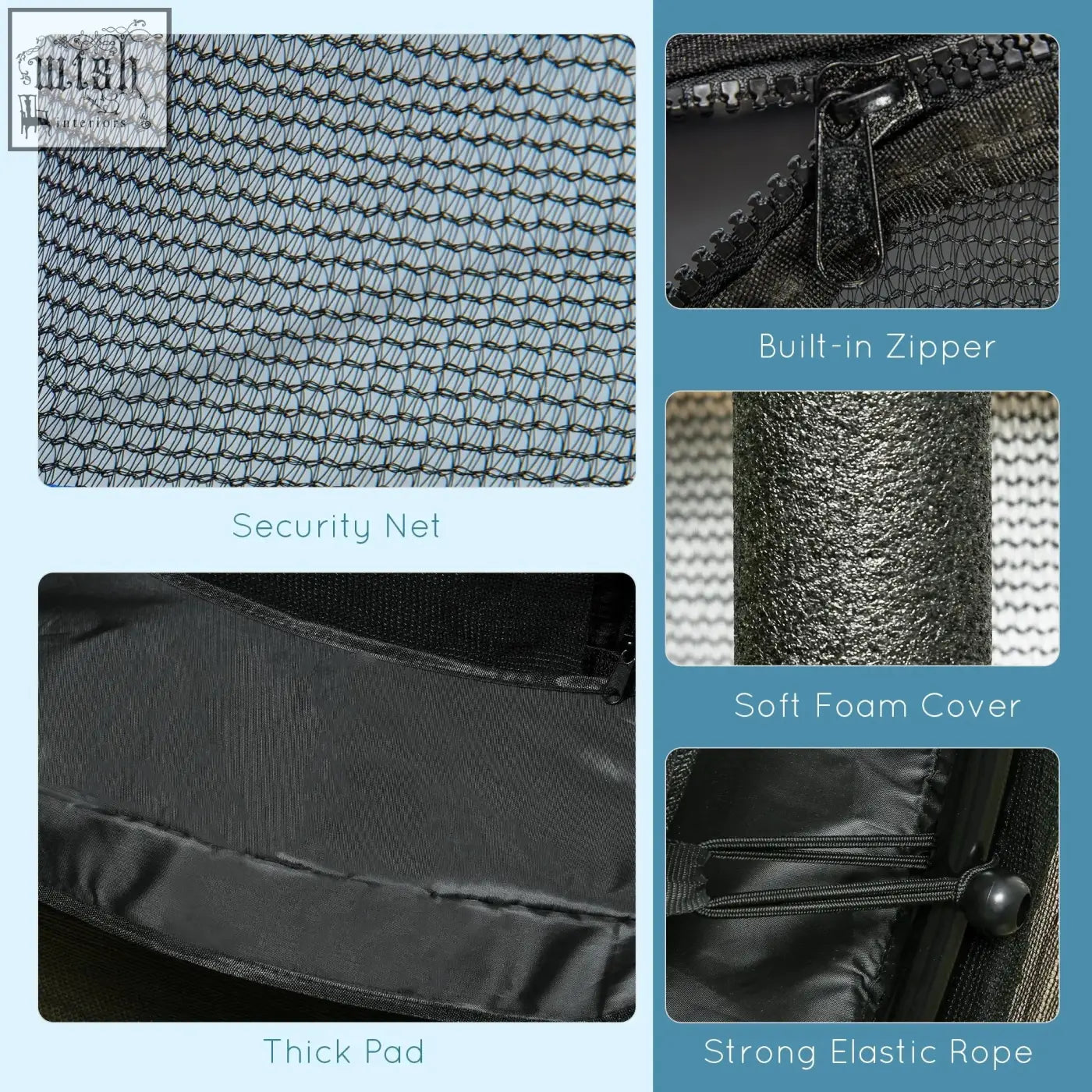 Black kids trampoline safety net with built-in zipper soft foam cover and strong elastic rope for indoor outdoor use