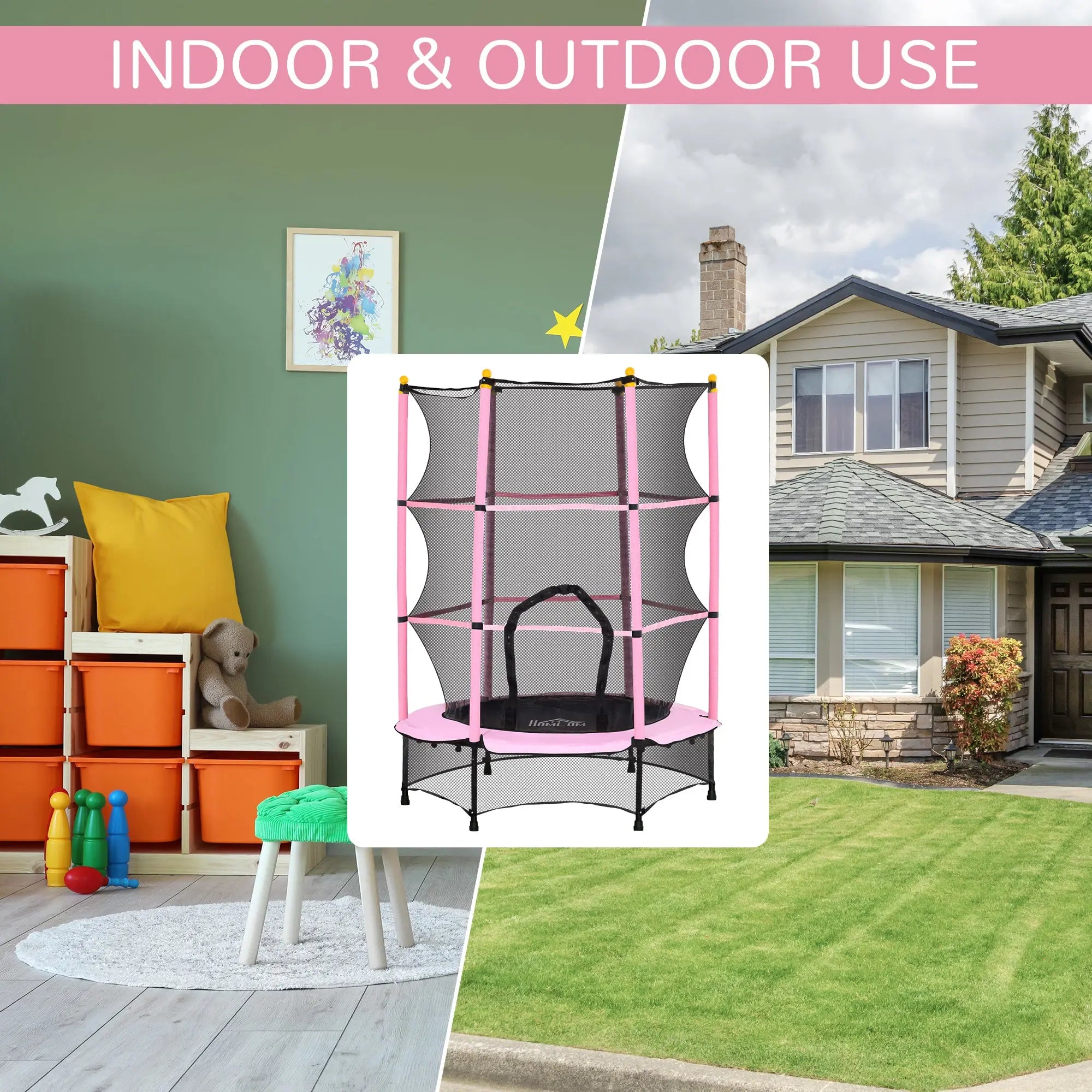 Pink and black homcom kids trampoline with safety netting safe for indoor and outdoor use ages 3 to 10 years