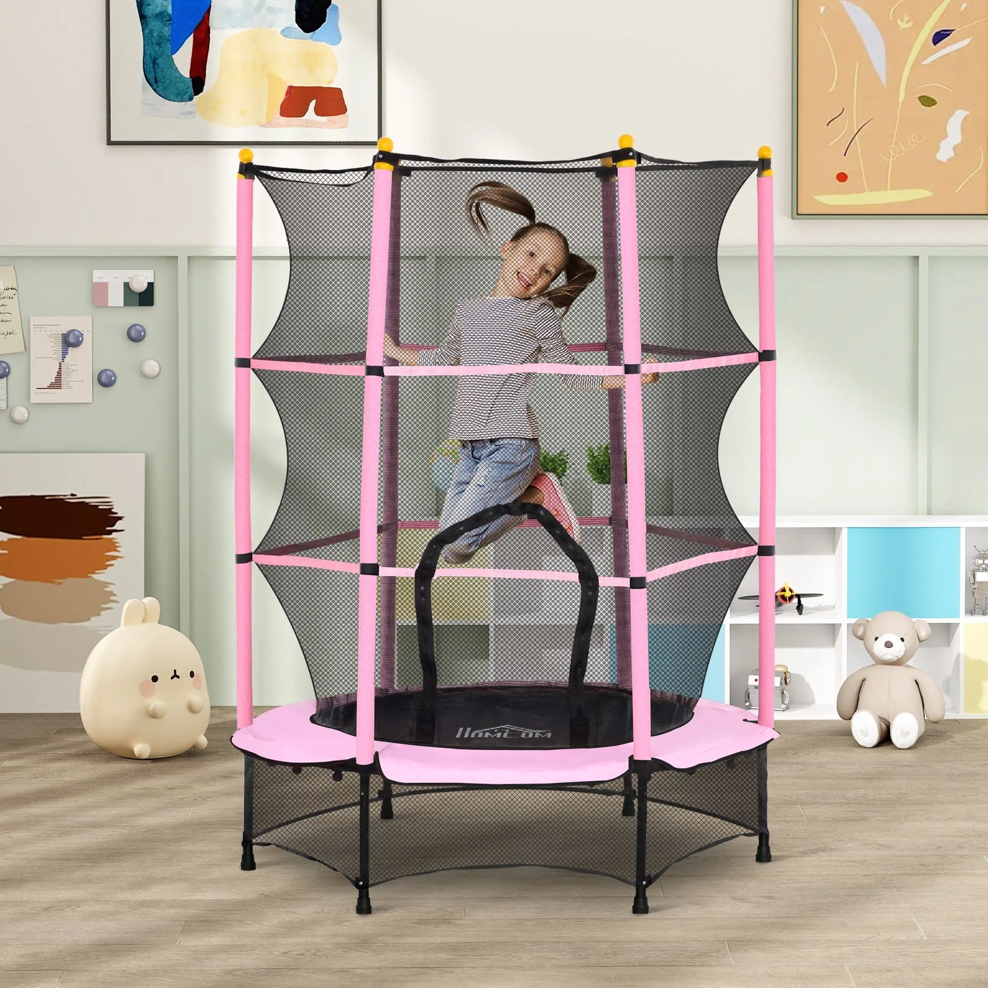 Pink and black HOMCOM kids trampoline with safety enclosure netting for indoor outdoor fun ages 3-10 years