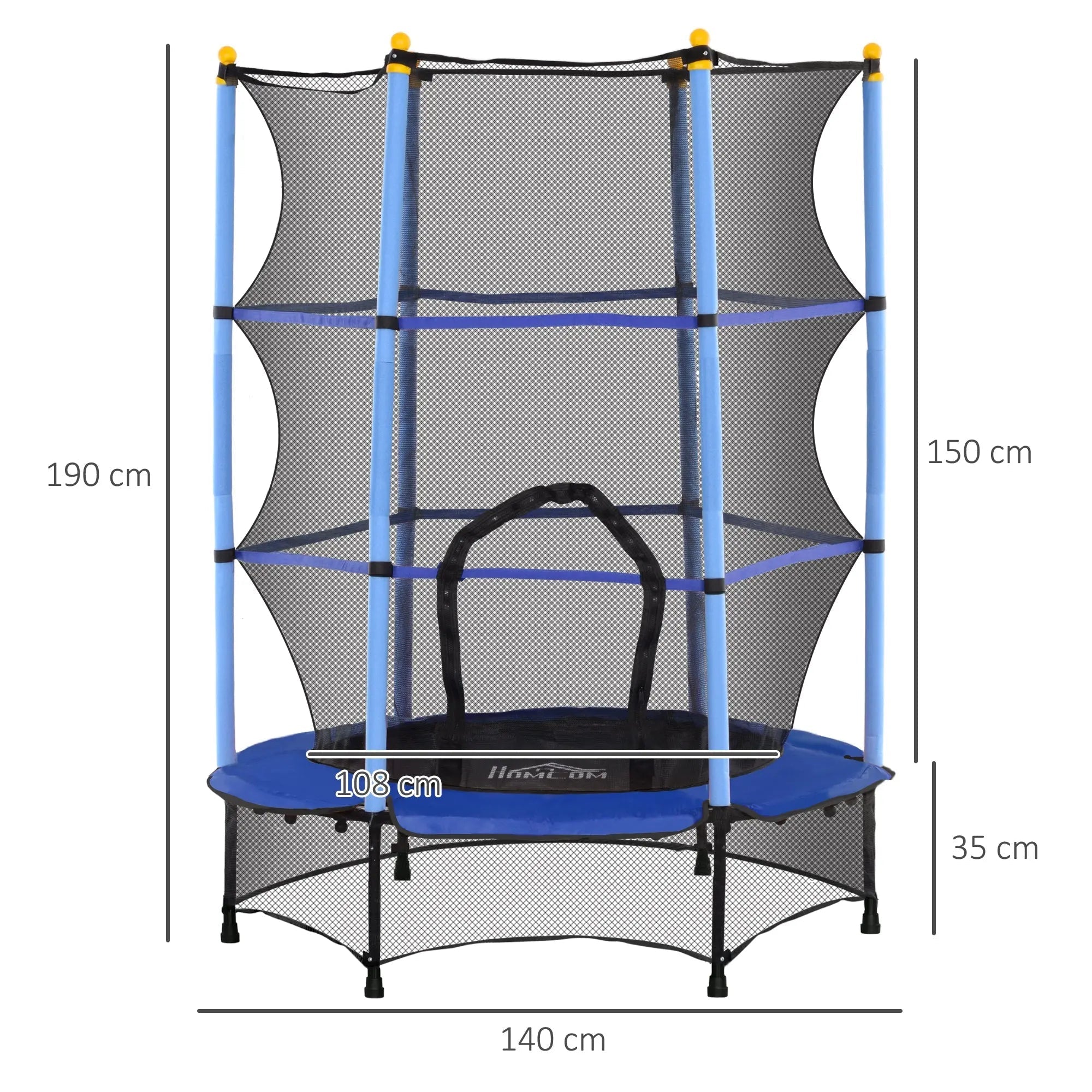 Blue and black kids trampoline with safety netting for outdoor indoor use ages 3 to 10 years by HOMCOM