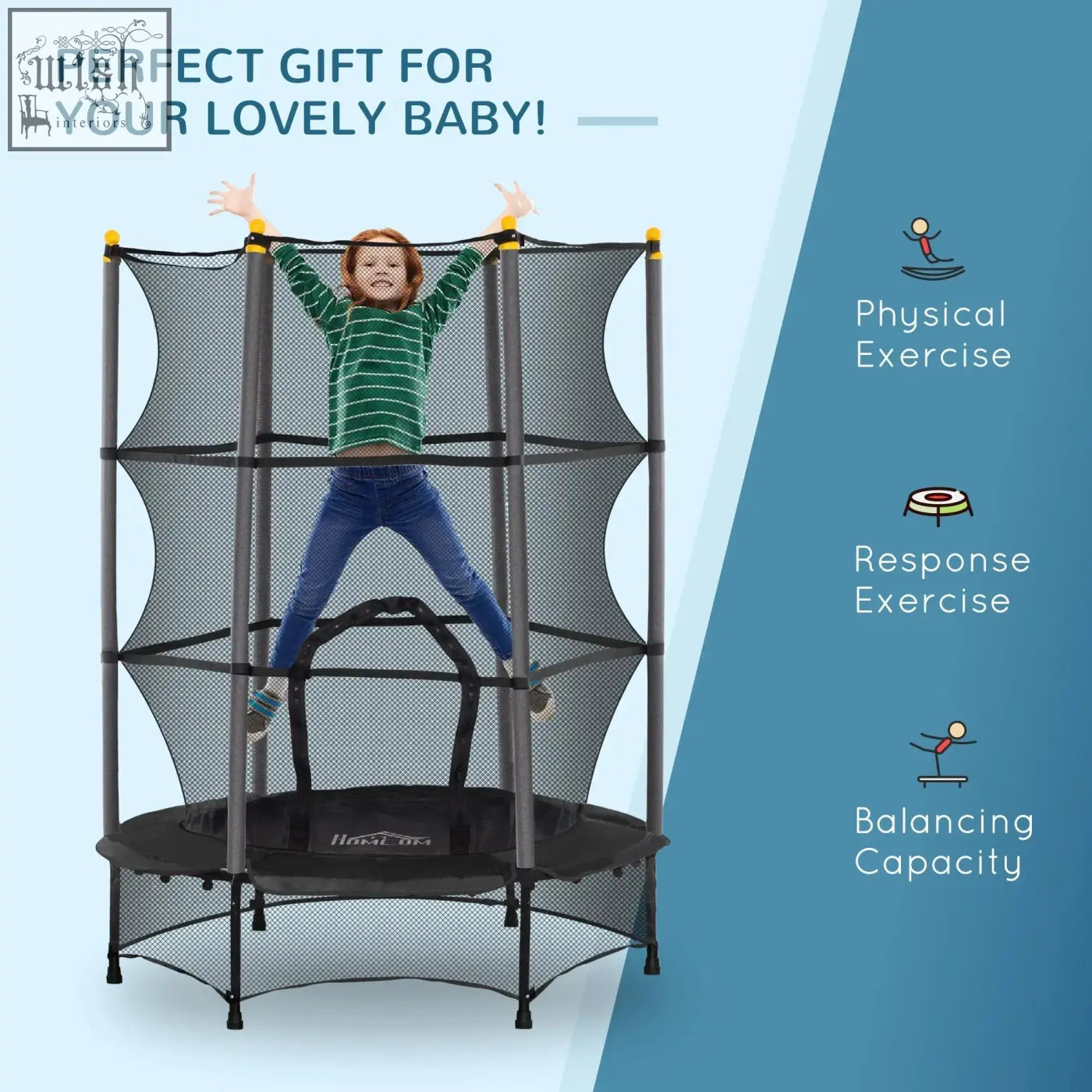 Black round kids trampoline with safety net and yellow-tipped poles for indoor and outdoor use by HOMCOM