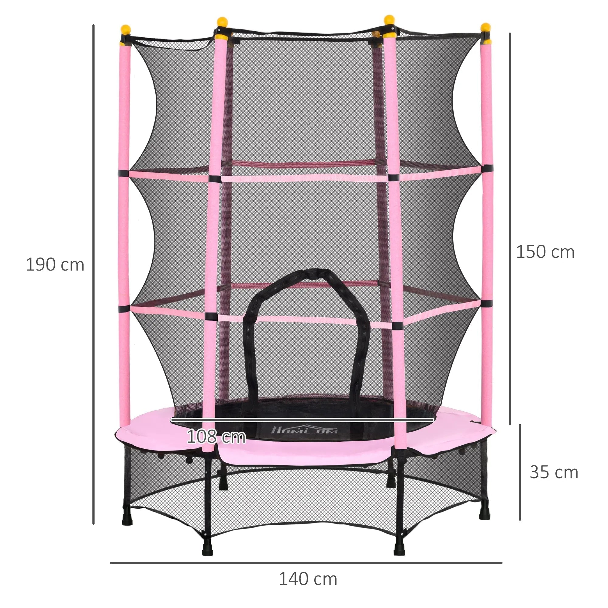 Pink and black HOMCOM kids trampoline with safety enclosure netting for indoor and outdoor use ages 3 to 10 years