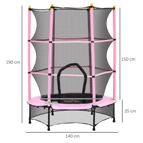 Pink and black HOMCOM kids trampoline with safety enclosure netting for indoor and outdoor use ages 3 to 10 years