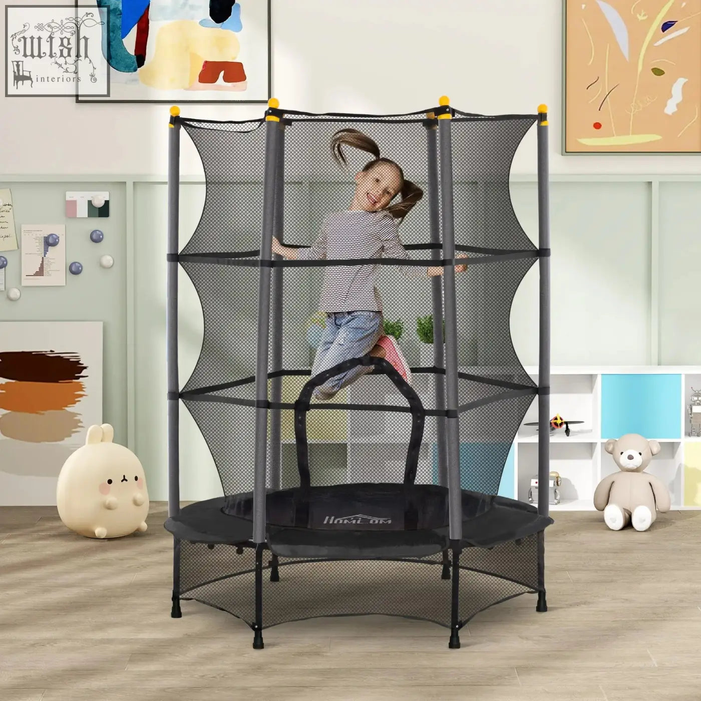 Black hexagonal kids trampoline by HOMCOM with safety net and yellow-tipped poles for outdoor indoor use