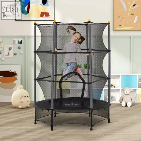 Black hexagonal kids trampoline by HOMCOM with safety net and yellow-tipped poles for outdoor indoor use