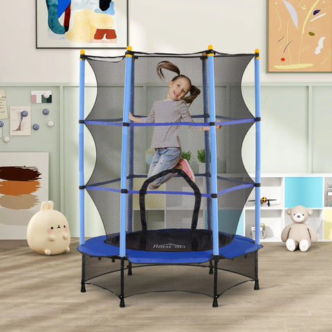 Blue and black kids trampoline with safety netting by HOMCOM for indoor outdoor use ages 3 to 10 years