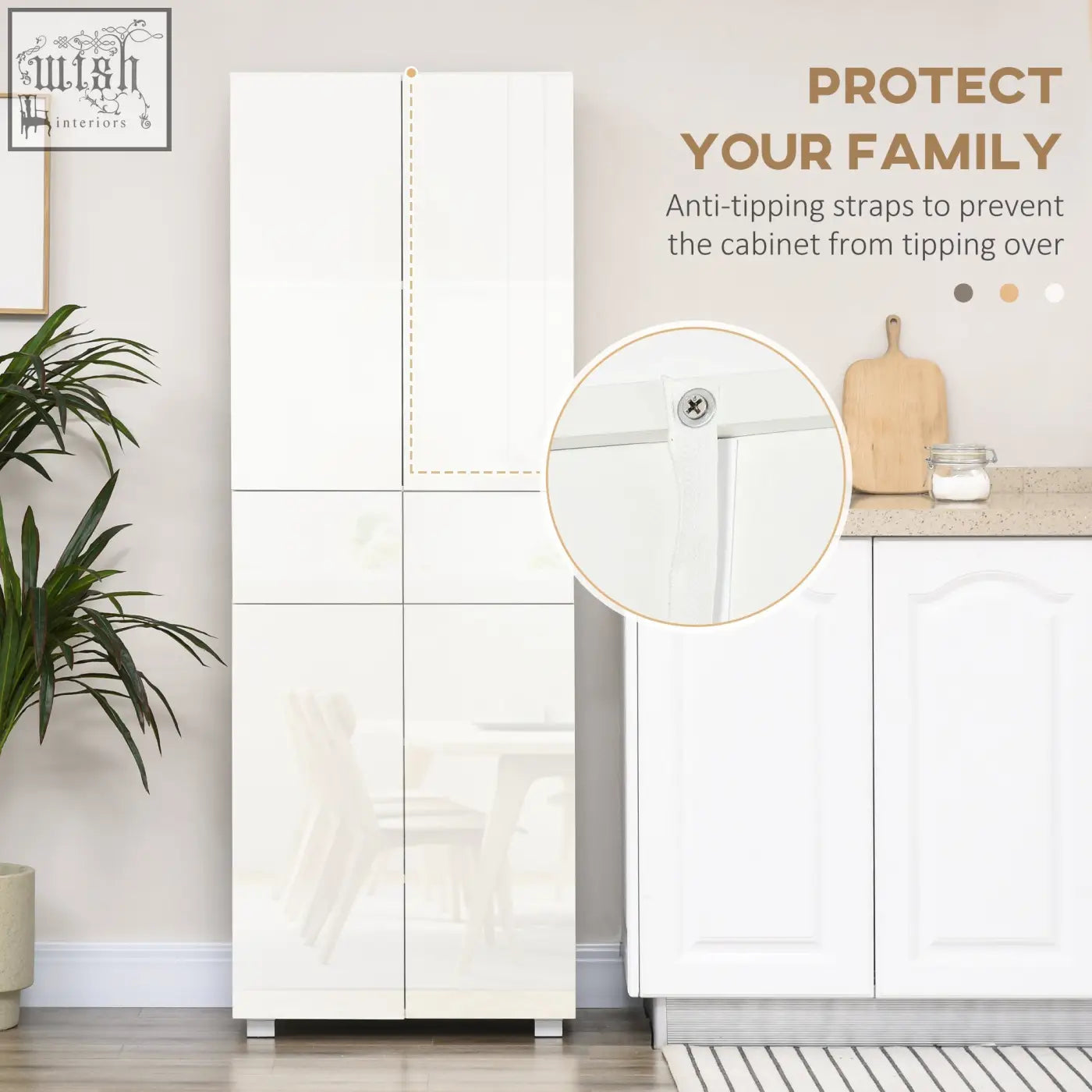 White high gloss kitchen cupboard with adjustable shelves and anti-tipping straps for safe freestanding storage