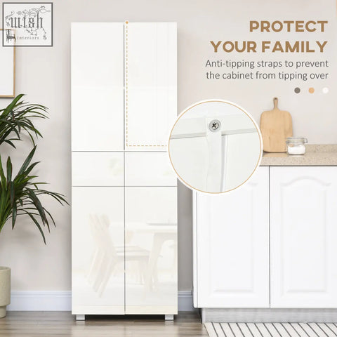 White high gloss kitchen cupboard with adjustable shelves and anti-tipping straps for safe freestanding storage