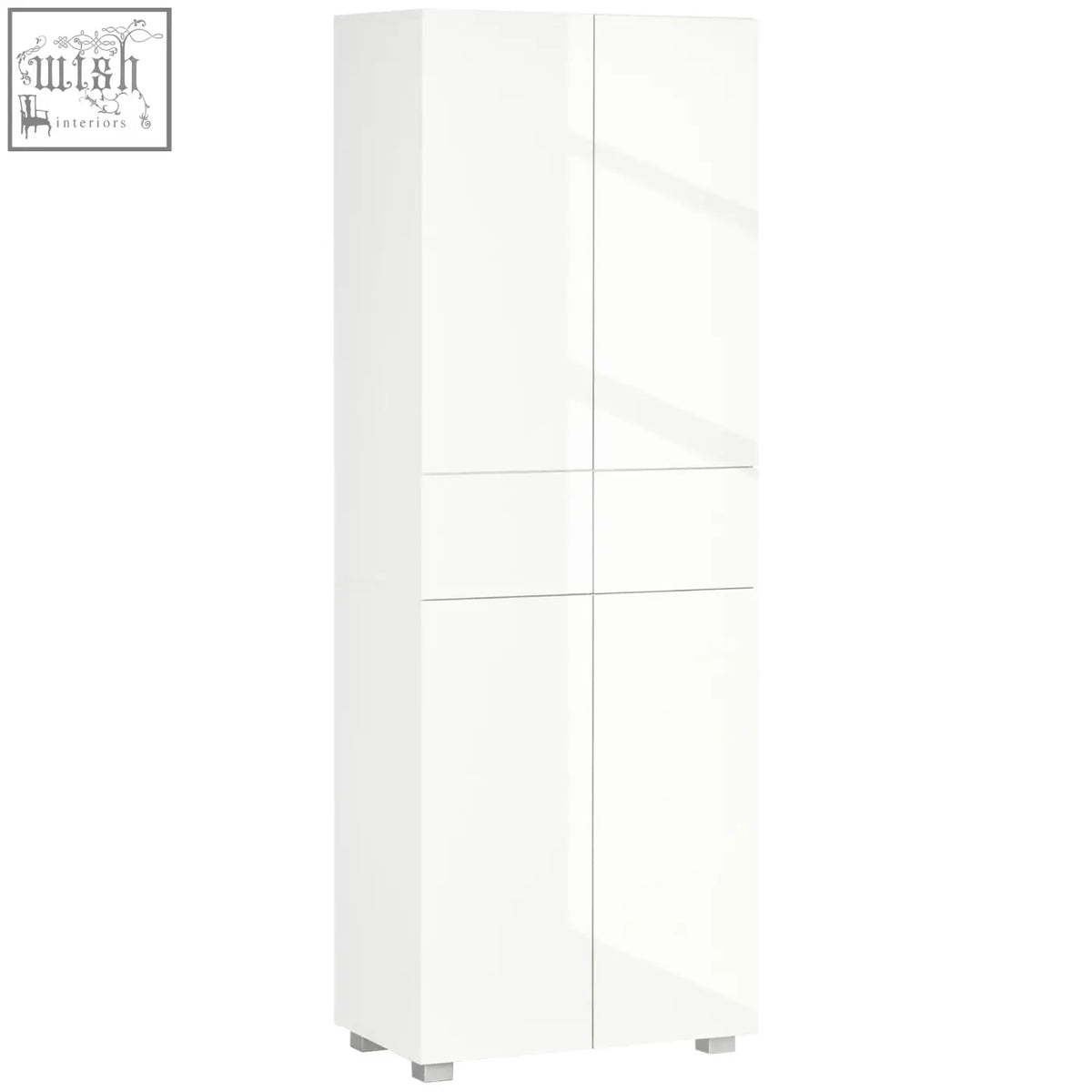 White high gloss kitchen cupboard with four doors silver feet and adjustable shelves for living room storage