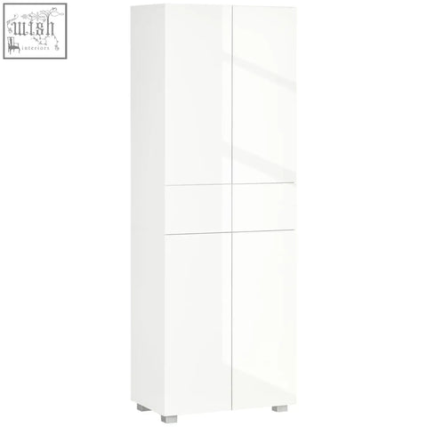 White high gloss kitchen cupboard with four doors silver feet and adjustable shelves for living room storage