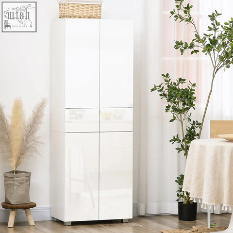 White high gloss kitchen cupboard with four doors, adjustable shelves, drawers, and woven basket on top