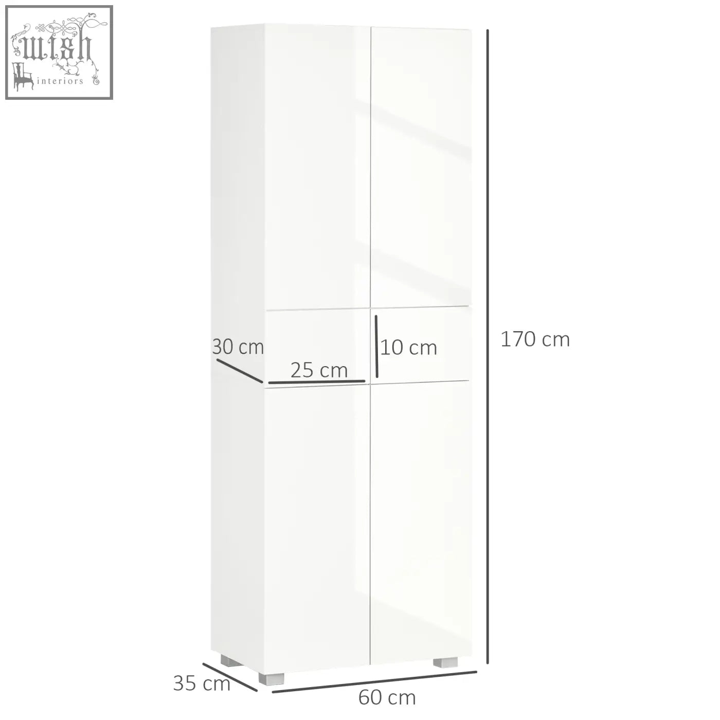 White glossy two-door tall cabinet with high gloss white finish and adjustable shelves in sleek modern design
