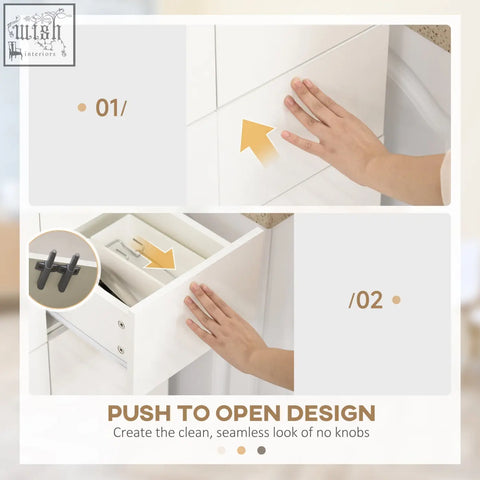 White drawer with push to open design and sleek high gloss white finish in homcom freestanding storage cabinet with adjustable shelves