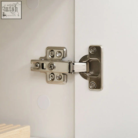 Silver-toned sleek cabinet hinge on high gloss white homcom storage cabinet with adjustable shelves and push to open design