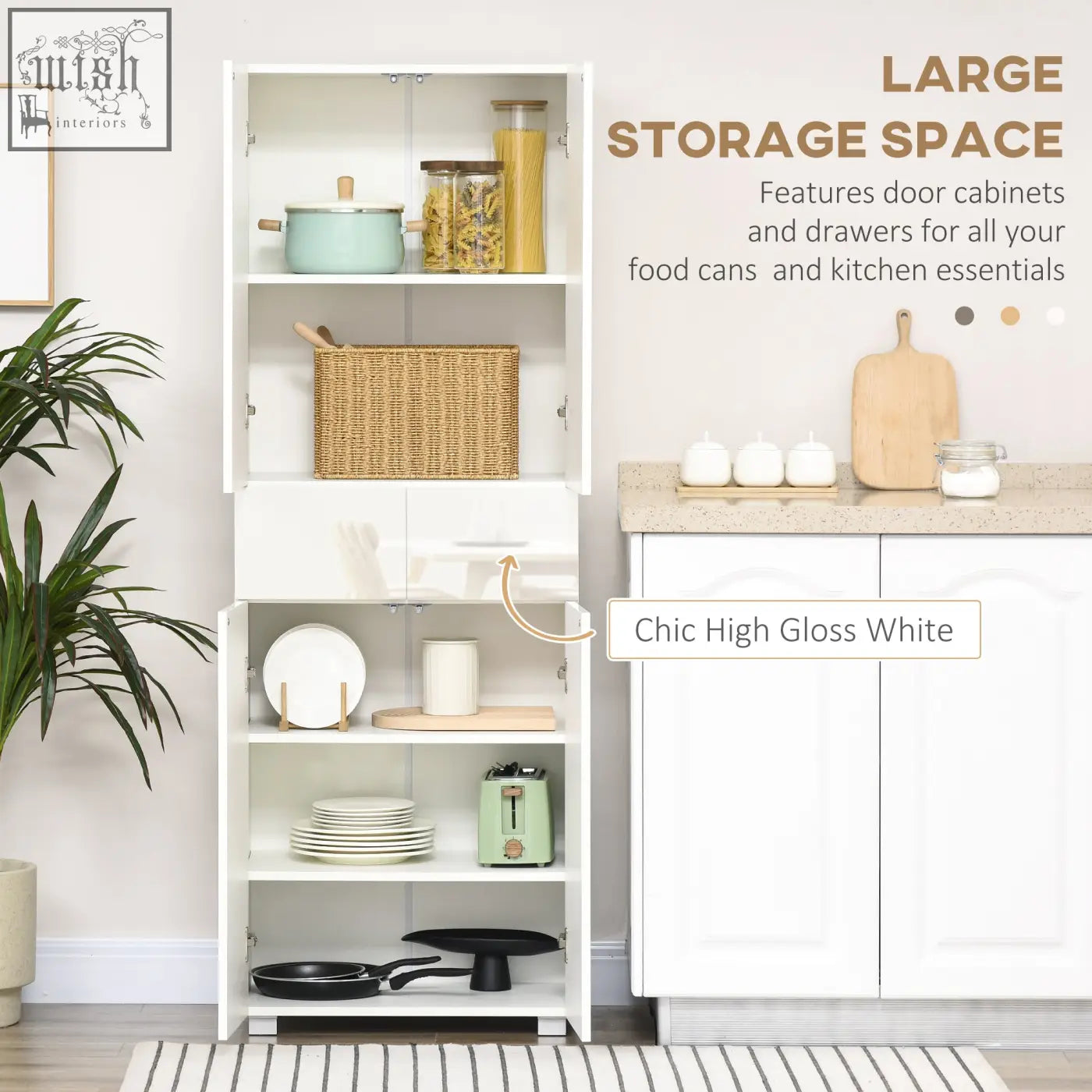 Chic high gloss white kitchen storage cabinet with adjustable shelves drawers and push to open door design