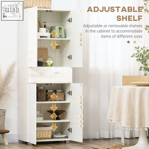 White high gloss kitchen cupboard with adjustable shelves and two doors for modern pantry or living room storage