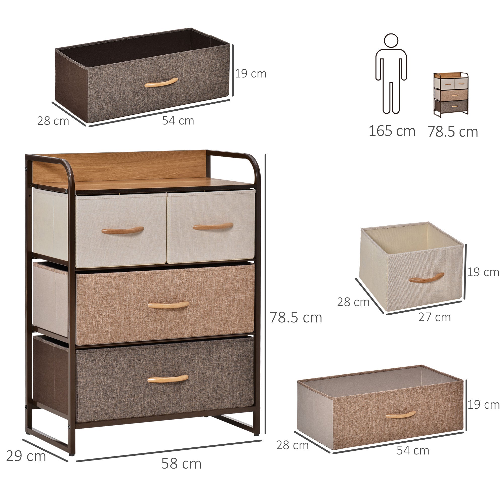 Homcom 4-drawer dresser with steel frame wooden top fabric drawers in beige brown and gray for bedroom storage