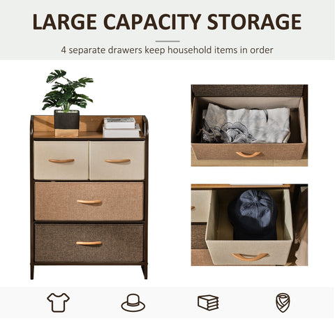 Homcom 4-drawer dresser with two large and two small fabric drawers, wood top, and dark metal frame for bedroom storage