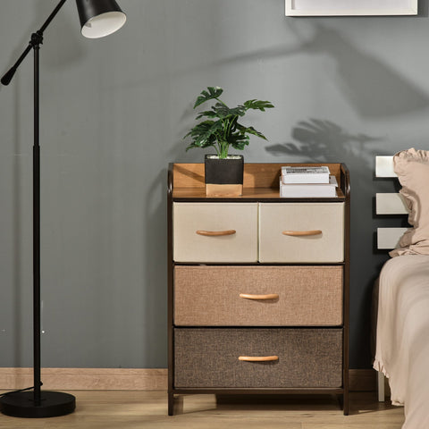 Homcom 4-drawer fabric storage chest with steel frame wooden top featuring two large drawers and two small drawers in beige tan and gray