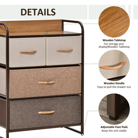 Homcom 4-drawer dresser with wooden top, dark metal frame, beige and brown fabric drawers, two large and two small drawers