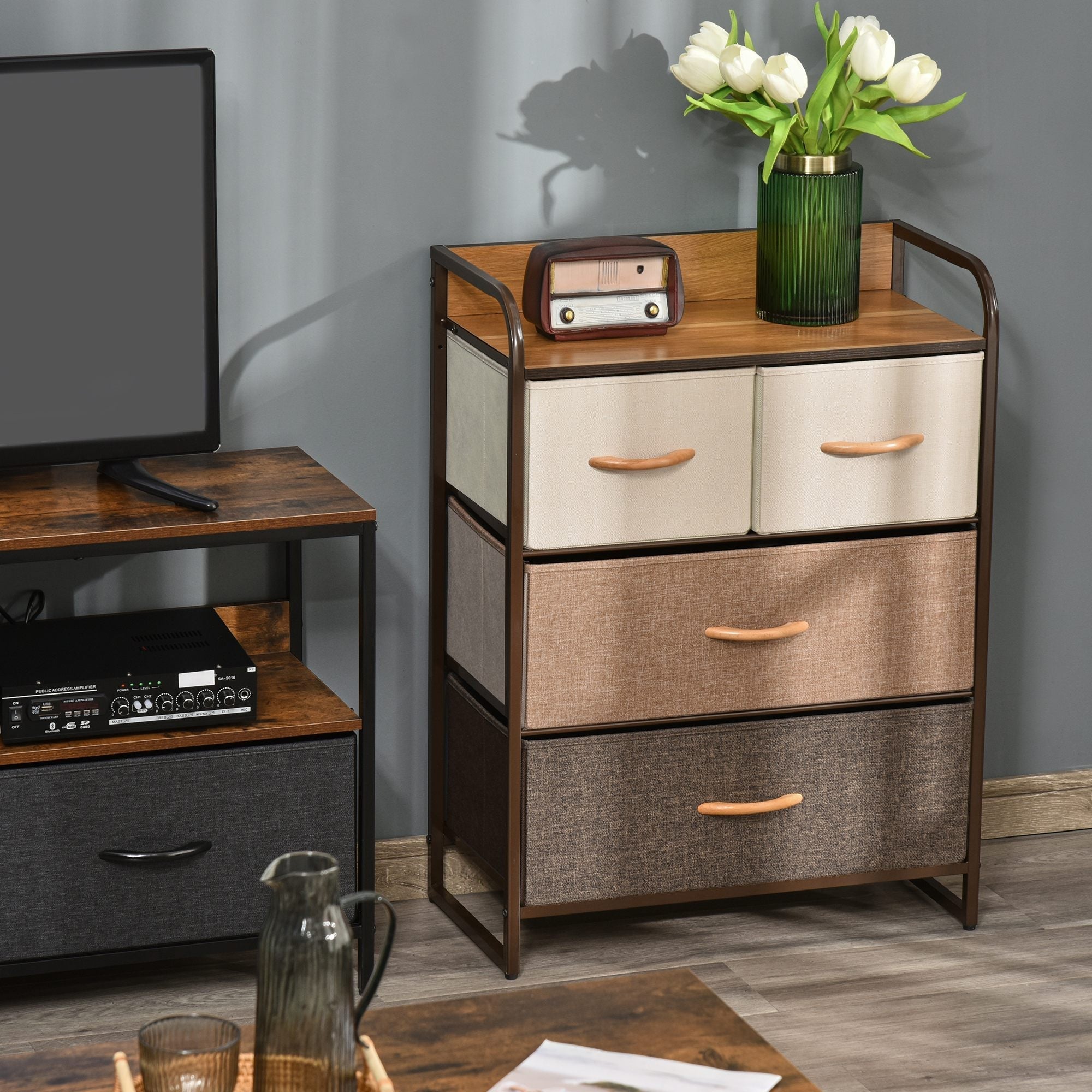 Homcom 4-drawer dresser with steel frame and wooden top featuring two large drawers and two small fabric drawers in beige and brown