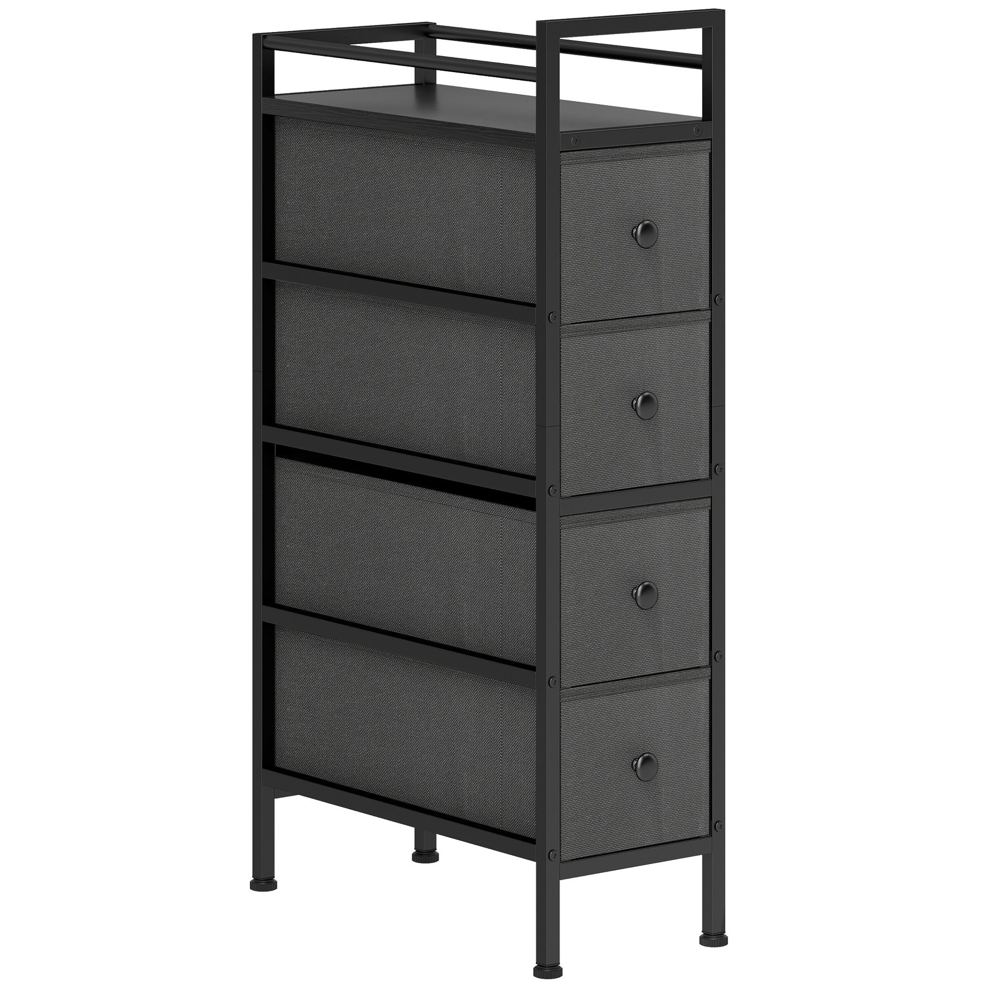 Black metal framed fabric chest with four dark gray drawers and round knobs for narrow spaces with steel frame
