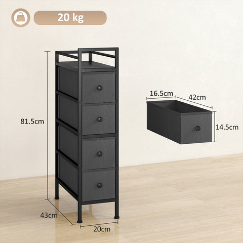 Black metal framed fabric chest with four drawers and top shelf perfect for narrow spaces and small bedrooms