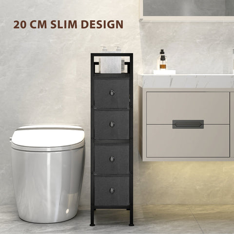 Black metal-framed slim fabric chest with four gray drawers and top shelf perfect for narrow spaces and small rooms